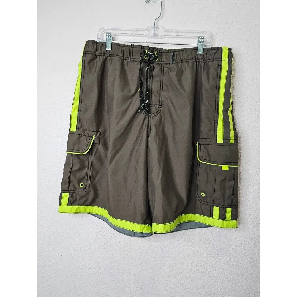 Joe Boxer Mens Cargo Swim Trunks Green Neon Lime Size Large Pockets Board Shorts